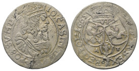 Polen. Königreich. Johann II. Kasimir (1649-1668).

 Sechsgröscher (Szostak, Silber). 1665 AT. Krakow (Krakau).
Vs: Bekrönte Büste rechts.
Rs: Wap...