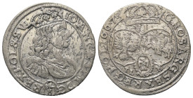Polen. Königreich. Johann II. Kasimir (1649-1668).

 Sechsgröscher (Szostak, Silber). 1667 TLB.
Vs: Bekrönte Büste rechts.
Rs: Wappen, Nominal und...
