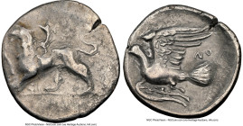 SICYONIA. Sicyon. Ca. 350-280 BC. AR triobol (17mm, 9h). NGC VF, marks. Chimera standing left, raising right forepaw; ΣI below / Dove flying left; NO ...