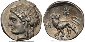 IONIA. Miletus. Ca. 4th-3rd centuries BC. AR drachm (17mm, 3.54 gm, 12h). NGC Choice XF 4/5 - 4/5, flan flaw. Diopompus, magistrate. Laureate head of ...