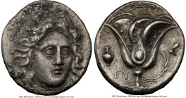 CARIAN ISLANDS. Rhodes. Ca. 305-275 BC. AR didrachm (20mm, 12h). NGC VF. Head of Helios facing, turned slightly right, hair parted in center and swept...