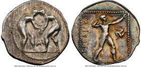 PAMPHYLIA. Aspendus. Ca. 380-225 BC. AR stater (23mm, 12h). NGC VF. Two nude male wrestlers grappling; AΣ between / EΣTFEΔIIYΣ, slinger in short tunic...