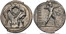 PAMPHYLIA. Aspendus. Ca. 380-225 BC. AR stater (23mm, 12h). NGC Choice Fine. Two nude male wrestlers grappling; ΔA between / EΣTFEΔIIYΣ, slinger in sh...