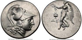 PAMPHYLIA. Side. Ca. 3rd-2nd centuries BC. AR tetradrachm (30mm, 16.97 gm, 12h). NGC AU 4/5 - 3/5. Dein-, magistrate. Head of Athena right, wearing tr...
