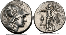 PAMPHYLIA. Side. Ca. 3rd-2nd centuries BC. AR tetradrachm (29mm, 12h). NGC VF, brushed, countermark. St-, magistrate. Head of Athena right, wearing tr...