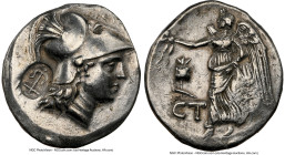 PAMPHYLIA. Side. Ca. 3rd-2nd centuries BC. AR tetradrachm (29mm, 12h). NGC VF, scratches, countermark. St-, magistrate. Head of Athena right, wearing ...