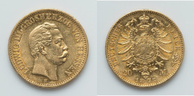 Hesse-Darmstadt Pair of Uncertified gold 20 Marks, 1) Ludwig III 20 Mark 1873-H - XF, Darmstadt mint, KM351. 22.4mm. 7.95gm 2) Ernst Ludwig 20 Mark 19...