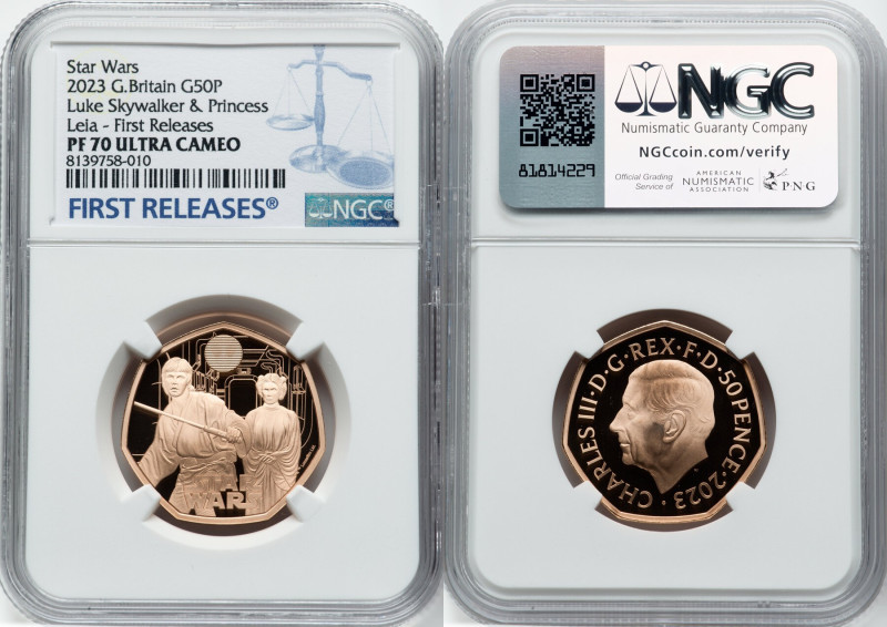 Charles III gold Proof "Luke Skywalker & Princess Leia" 50 Pence 2023 PR70 Ultra...