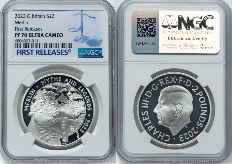 Charles III silver Proof "Merlin" 2 Pounds (1 oz) 2023 PR70 Ultra Cameo NGC, Min...