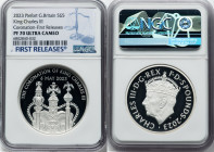 Charles III silver Proof Piefort "Coronation Regalia - King Charles III Coronation" 5 Pounds 2023 PR70 Ultra Cameo NGC, Mintage: 3,260. Edge Inscripti...