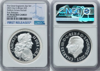 Charles III silver Proof "Petition Crown - Portrait" 5 Pounds (2 oz) 2023 PR70 Ultra Cameo NGC, Mintage: 3,260. Great Engravers series. Reverse design...