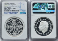 Charles III silver Proof "Petition Crown - Quartered Arms" 5 Pounds (2 oz) 2023 PR70 Ultra Cameo NGC, Mintage: 3,260. Great Engravers series. Reverse ...
