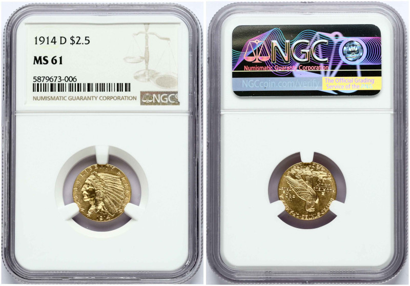 USA. 2½ Dollars 1914 D, Denver - Indian Head - Quarter Eagle. Gold 4.18 g. Fr. 1...