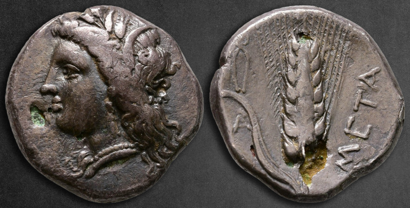 Lucania. Metapontion circa 330-290 BC. 
Fourrée Stater

21 mm, 5,99 g

Wrea...