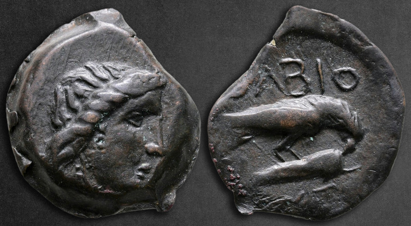 Scythia. Olbia circa 380-360 BC. 
Bronze Æ

19 mm, 4,41 g

Wreathed head of...