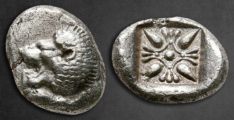 Ionia. Miletos circa 525-475 BC. 
Diobol AR

10 mm, 1,21 g

Forepart of lio...