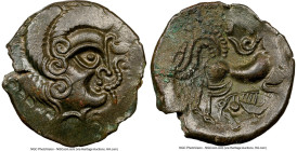 NORTHWESTERN GAUL. Armorican. Coriosolites. BI stater (22mm, 6.43 gm, 8h). NGC Choice AU 3/5 - 3/5. Celticized head right, hair in large spiral curls,...