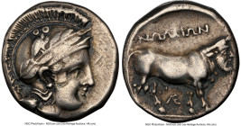 CAMPANIA. Nola. Ca. 400-385 BC. AR didrachm (19mm, 7.12 gm, 7h). NGC VF 5/5 - 3/5, light graffito. Head of Athena right, wearing crested laureate Atti...