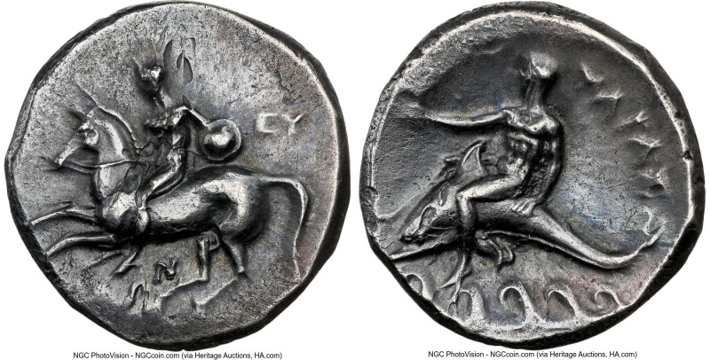CALABRIA. Tarentum. Ca. 302-280 BC. AR didrachm (21mm, 7.69 gm, 6h). NGC Choice ...