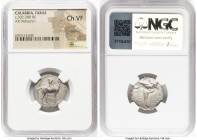 CALABRIA. Tarentum. Ca. 302-280 BC. AR didrachm (21mm, 2h). NGC Choice VF, brushed. Philiarchus, Sa-, and Aga-, magistrates. Youth seated on horse sta...