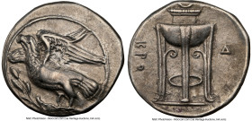 BRUTTIUM. Croton. Ca. 350-300 BC. AR stater (24mm, 7.62 gm, 7h). NGC Choice VF 5/5 - 4/5. Eagle standing left on olive branch, head raised and wings d...