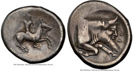 SICILY. Gela. Ca. 490-475 BC. AR didrachm (22mm, 8.26 gm, 4h). NGC Choice Fine 4/5 - 3/5. Nude male on horseback galloping right, wearing pileus, bran...