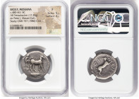 SICILY. Messana. Ca. 480-461 BC. AR tetradrachm (25mm, 17.32 gm, 11h). NGC Fine 5/5 - 4/5. Seated charioteer, driving biga of mules walking right; bay...