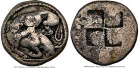 MACEDON. Acanthus. Ca. 525-470 BC. AR tetradrachm (25mm, 16.68 gm). NGC VG 5/5 - 3/5. Lioness with long curved tail springing left, attacking bull kne...