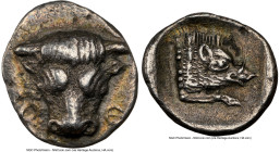 PHOCIS. Phocian League. Federal Issue. Ca. 5th century BC. AR obol (10mm, 3h). NGC Choice XF. Φ-Ο, head of bull facing / Forepart of boar running righ...