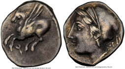 CORINTHIA. Corinth (Uncertain Colony). Ca. 350-280 BC. AR drachm (14mm, 5h). NGC VF. Pegasus flying left; Ϙ below / Head of Aphrodite left, hair in sa...