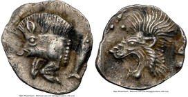 MYSIA. Cyzicus. Ca. 5th century BC. AR obol (10mm, 11h). NGC AU. Forepart of boar left, tunny upward behind / Head of lion left; star in upper left fi...