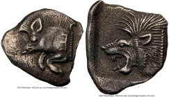 MYSIA. Cyzicus. Ca. 5th century BC. AR obol (11mm, 8h). NGC Choice XF. Forepart of boar left, with E (retrograde) on shoulder; tunny upward behind / H...