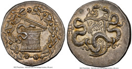 MYSIA. Pergamum. Ca. 180/167-133 BC. AR cistophorus (27mm, 12.64 gm, 1h). NGC Choice AU 5/5 - 5/5. Serpent arising from cista mystica; all within ivy ...