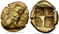 IONIA. Uncertain mint. Ca. 600-550 BC. EL sixth-stater or hecte (12mm, 2.62 gm). NGC Choice VF 4/5 - 5/5. Phocaic standard. Lion seated right, with op...