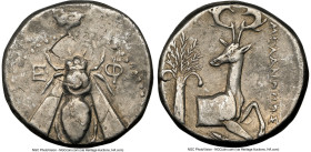 IONIA. Ephesus. Ca. 4th century BC. AR tetradrachm (22mm, 15.20 gm, 12h). NGC VF 3/5 - 4/5, flan flaw. Ca. 340-325 BC, Melanopus, magistrate. E-Φ, bee...