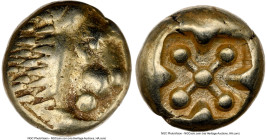 IONIA. Miletus. Ca. 600-550 BC. EL 1/12 stater or hemihecte (7mm, 1.15 gm). NGC Choice VF 4/5 - 3/5. Milesian standard. Lion's head left / Quadriparti...