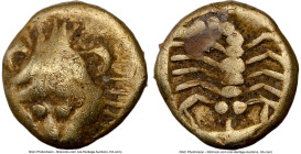 IONIA. Miletus. Ca. 600-550 BC. EL 1/48th stater (5mm, 0.23 gm, 12h). NGC VF 4/5 - 4/5. Lion scalp facing / Scorpion seen from above, within incuse sq...