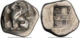 IONIAN ISLANDS. Chios. Ca. 380-350 BC. AR drachm (16mm, 3.61 gm, 6h). NGC Choice Fine 3/5 - 4/5. Pythas, magistrate. Sphinx seated left; bunch of grap...