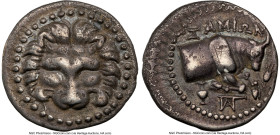 IONIAN ISLANDS. Samos. Ca. late 3rd-early 2nd centuries BC. AR drachm (17mm, 12h). NGC Choice VF. Plinthophoric standard, ca. 210-185. Lion scalp faci...