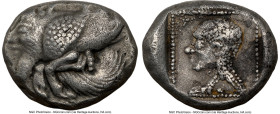 CARIA. Uncertain mint. Orou or Uvug (Ca. 450-400 BC). AR hemistater (17mm, 5.87 gm, 11h). NGC Choice VF 5/5 - 3/5. Forepart of winged, man-headed bull...