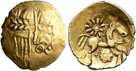 CELTIC, Britain. Atrebates & Regni. Uninscribed, circa 75-30 BC. 1/4 Stater (Gold, 14 mm, 1.18 g, 12 h), Selsey Dahlia (Atrebatic B) type. Celticized ...