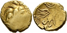 CELTIC, Northwest Gaul. Carnutes. Circa 50-30 BC. Half Stater (Gold, 15 mm, 3.63 g, 6 h). Celticized laureate head of Apollo to right. Rev. Bird flyin...