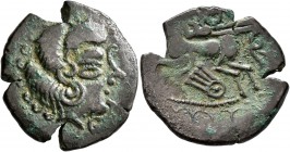 CELTIC, Northwest Gaul. Coriosolites. Circa 100-50 BC. Stater (Bronze, 24 mm, 5.74 g, 2 h). Celticized head of Apollo to right. Rev. Celticized chario...