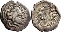 CELTIC, Northwest Gaul. Namnetes. Late 2nd to mid 1st century BC. Stater (Electrum, 24 mm, 7.02 g, 2 h), 'a l'hippophore - à la croix' type. Celticize...