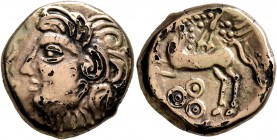CELTIC, Central Gaul. Bituriges Cubi. Circa 80-50 BC. Stater (Subaeratus, 18 mm, 5.24 g, 9 h), Abucatos. Celticized male head to left. Rev. [ABVCATOS]...
