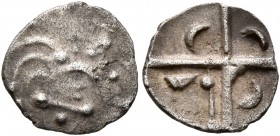 CELTIC, Southern Gaul. Volcae-Arecomici. 1st century BC. Obol (Silver, 10 mm, 0.50 g). Male head to right; X on cheek. Rev. Cross; in quarters, three ...