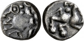 CELTIC, Central Europe. Vindelici (?). 1st century BC. Quinarius (Silver, 11 mm, 1.94 g, 1 h), 'Brillengesicht' type. Celticized male head to left. Re...