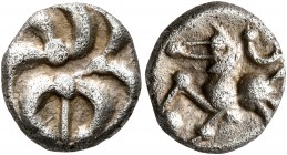 CELTIC, Central Europe. Vindelici. Mid 1st century BC. Quinarius (Silver, 12 mm, 1.76 g), 'Büschelquinar' type. Head devolved into a bush. Rev. Horse ...