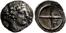GAUL. Massalia. Circa 410-380 BC. Obol (Silver, 10 mm, 0.57 g). MAΣΣAΛI-[ΩTAN] Bare head of Apollo to right. Rev. Wheel of four spokes; M in one quart...