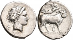 CAMPANIA. Neapolis. Circa 300-275 BC. Didrachm or Nomos (Silver, 21 mm, 7.22 g, 7 h), Chari..., magistrate. Diademed head of a nymph to right, wearing...